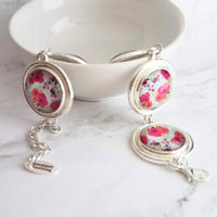 Watercolor Print Bracelet - silver charm style floral colorful pastel round bezels- adjustable chunky - unique flower garden/leaves - Constant Baubling