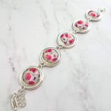 Watercolor Print Bracelet - silver charm style floral colorful pastel round bezels- adjustable chunky - unique flower garden/leaves - Constant Baubling