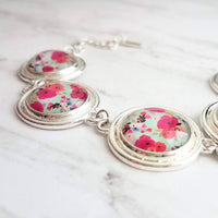 Watercolor Print Bracelet - silver charm style floral colorful pastel round bezels- adjustable chunky - unique flower garden/leaves - Constant Baubling