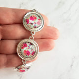 Watercolor Print Bracelet - silver charm style floral colorful pastel round bezels- adjustable chunky - unique flower garden/leaves - Constant Baubling