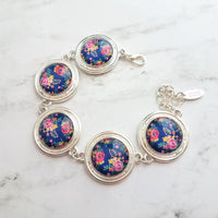 Flower Bracelet - chunky round silver bezel charms wuth adjustable chain - royal navy floral print - mothers day gift for her under 25 - Constant Baubling