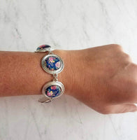 Flower Bracelet - chunky round silver bezel charms wuth adjustable chain - royal navy floral print - mothers day gift for her under 25 - Constant Baubling