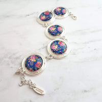 Flower Bracelet - chunky round silver bezel charms wuth adjustable chain - royal navy floral print - mothers day gift for her under 25 - Constant Baubling