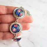 Flower Bracelet - chunky round silver bezel charms wuth adjustable chain - royal navy floral print - mothers day gift for her under 25 - Constant Baubling