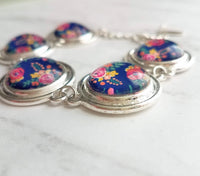 Flower Bracelet - chunky round silver bezel charms wuth adjustable chain - royal navy floral print - mothers day gift for her under 25 - Constant Baubling
