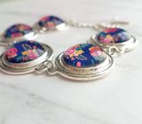 Flower Bracelet - chunky round silver bezel charms wuth adjustable chain - royal navy floral print - mothers day gift for her under 25 - Constant Baubling