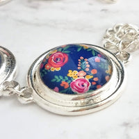 Flower Bracelet - chunky round silver bezel charms wuth adjustable chain - royal navy floral print - mothers day gift for her under 25 - Constant Baubling