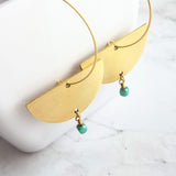 Gold Hoop Earrings, gold half circle earring, thin hoops, gold circle earring, semicircle earring tiny turquoise blue cube bead dangle large - Constant Baubling