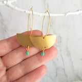 Gold Hoop Earrings, gold half circle earring, thin hoops, gold circle earring, semicircle earring tiny turquoise blue cube bead dangle large - Constant Baubling