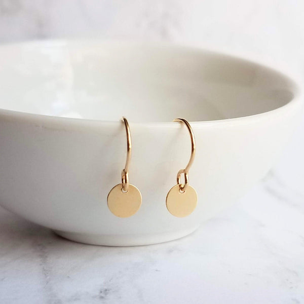 Little Disk Earrings, gold disk earring, small disc, tiny round dangle earring, 14K gold filled earring, 14K SOLID GOLD hook opt, sequin ear - Constant Baubling