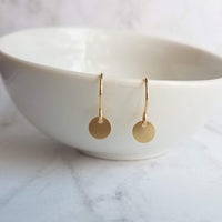 Little Disk Earrings, gold disk earring, small disc, tiny round dangle earring, 14K gold filled earring, 14K SOLID GOLD hook opt, sequin ear - Constant Baubling