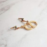 Lightning Bolt Earrings, zig zag earring, gold lightning earring, gold huggie hoop, tiny crystal lightning bolt rainbow lightning bolt storm - Constant Baubling