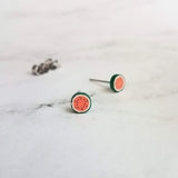 Little Watermelon Earrings, melon slice earring, watermelon stud, fruit studs, red green fruit slice earring, surgical steel posts, magnetic - Constant Baubling