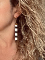 Black White Stripe Earrings - faux leather extra long flag pennant narrow tag style nautical theme - gold locking kidney ear wire - vegan - Constant Baubling