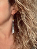 Black White Stripe Earrings - faux leather extra long flag pennant narrow tag style nautical theme - gold locking kidney ear wire - vegan - Constant Baubling