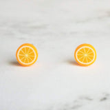 Orange Earrings, tiny orange studs, fruit earrings, orange slice earring citrus jewelry chef foodie Florida gift small round stainless steel - Constant Baubling