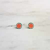 Little Watermelon Earrings, melon slice earring, watermelon stud, fruit studs, red green fruit slice earring, surgical steel posts, magnetic - Constant Baubling