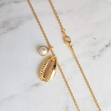 Gold Cowrie Shell Necklace - seashell necklace, cowrie necklace, pearl necklace, beach necklace, gold shell necklace, pearl pendant, charm - Constant Baubling