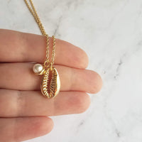 Gold Cowrie Shell Necklace - seashell necklace, cowrie necklace, pearl necklace, beach necklace, gold shell necklace, pearl pendant, charm - Constant Baubling