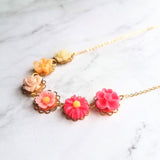 Flower Necklace - colorful ombre floral charms on scalloped gold setting - hot pink fuchsia to cream white - lacy pretty feminine rose daisy - Constant Baubling