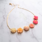Flower Necklace - colorful ombre floral charms on scalloped gold setting - hot pink fuchsia to cream white - lacy pretty feminine rose daisy - Constant Baubling