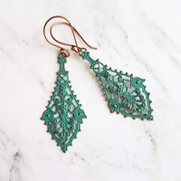 Long Filigree Earrings, blue green earrings, verdigris patina earrings, lacy earring, ornate earrings, 3", copper hooks, teal aqua earrings - Constant Baubling