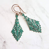 Long Filigree Earrings, blue green earrings, verdigris patina earrings, lacy earring, ornate earrings, 3", copper hooks, teal aqua earrings - Constant Baubling