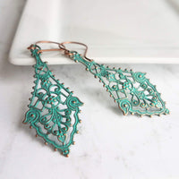 Long Filigree Earrings, blue green earrings, verdigris patina earrings, lacy earring, ornate earrings, 3", copper hooks, teal aqua earrings - Constant Baubling