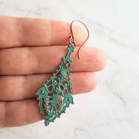 Long Filigree Earrings, blue green earrings, verdigris patina earrings, lacy earring, ornate earrings, 3", copper hooks, teal aqua earrings - Constant Baubling