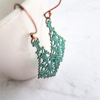 Long Filigree Earrings, blue green earrings, verdigris patina earrings, lacy earring, ornate earrings, 3", copper hooks, teal aqua earrings - Constant Baubling