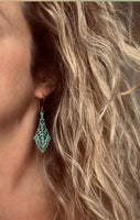 Long Filigree Earrings, blue green earrings, verdigris patina earrings, lacy earring, ornate earrings, 3", copper hooks, teal aqua earrings - Constant Baubling