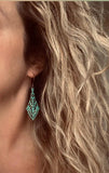 Long Filigree Earrings, blue green earrings, verdigris patina earrings, lacy earring, ornate earrings, 3", copper hooks, teal aqua earrings - Constant Baubling