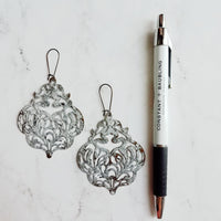 Large White Earrings - filigree Moroccan mottled patina over bronze - thin lightweight intricate design - chic trendy large medallion - Constant Baubling