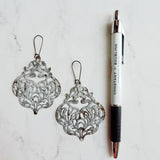 Large White Earrings - filigree Moroccan mottled patina over bronze - thin lightweight intricate design - chic trendy large medallion - Constant Baubling