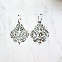 Large White Earrings - filigree Moroccan mottled patina over bronze - thin lightweight intricate design - chic trendy large medallion - Constant Baubling