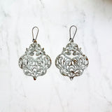Large White Earrings - filigree Moroccan mottled patina over bronze - thin lightweight intricate design - chic trendy large medallion - Constant Baubling