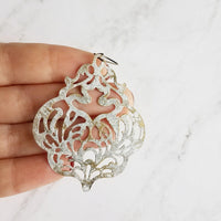 Large White Earrings - filigree Moroccan mottled patina over bronze - thin lightweight intricate design - chic trendy large medallion - Constant Baubling