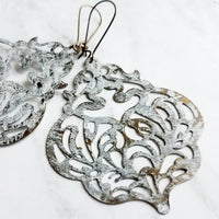 Large White Earrings - filigree Moroccan mottled patina over bronze - thin lightweight intricate design - chic trendy large medallion - Constant Baubling