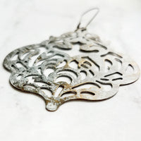 Large White Earrings - filigree Moroccan mottled patina over bronze - thin lightweight intricate design - chic trendy large medallion - Constant Baubling