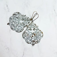 Large White Earrings - filigree Moroccan mottled patina over bronze - thin lightweight intricate design - chic trendy large medallion - Constant Baubling