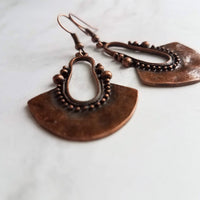 Bohemian Copper Earrings, dark antique copper, oxidized copper, Bali edge, lightweight earring, boho earrings, copper teardrop medallion - Constant Baubling