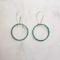 Thin Hoop Earrings, turquoise earrings, blue green circle earring, small circle earring, verdigris patina earring, copper hoop, silver hooks - Constant Baubling