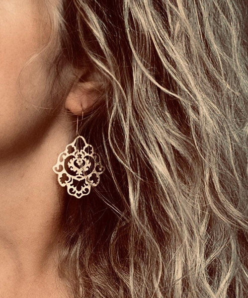 Gold Lace Earrings, gold hamsa earring, Arabesque earring, gold filigree earring, cut out earrings, large fancy gold earrings, Moroccan Boho - Constant Baubling