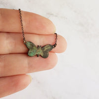 Small Butterfly Necklace, butterfly pendant, delicate chain, bronze necklace, antique brass necklace, patina butterfly, blue green butterfly - Constant Baubling