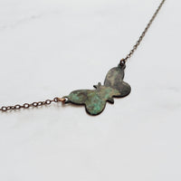 Small Butterfly Necklace, butterfly pendant, delicate chain, bronze necklace, antique brass necklace, patina butterfly, blue green butterfly - Constant Baubling