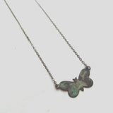 Small Butterfly Necklace, butterfly pendant, delicate chain, bronze necklace, antique brass necklace, patina butterfly, blue green butterfly - Constant Baubling