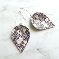 Large Drop Earrings - butterfly pattern faux leather inverted teardrop leaf shape - white/grey/purple/violet handmade jewelry - 3 inch - Constant Baubling