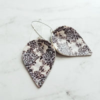 Large Drop Earrings - butterfly pattern faux leather inverted teardrop leaf shape - white/grey/purple/violet handmade jewelry - 3 inch - Constant Baubling