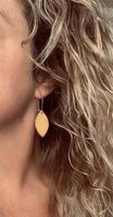 Yellow Earrings - goldenrod/mustard faux vegan leather leaf shape drop on silver kidney wire hooks - plain pointed oval spheroid charm - Constant Baubling