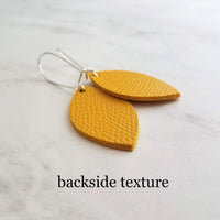 Yellow Earrings - goldenrod/mustard faux vegan leather leaf shape drop on silver kidney wire hooks - plain pointed oval spheroid charm - Constant Baubling